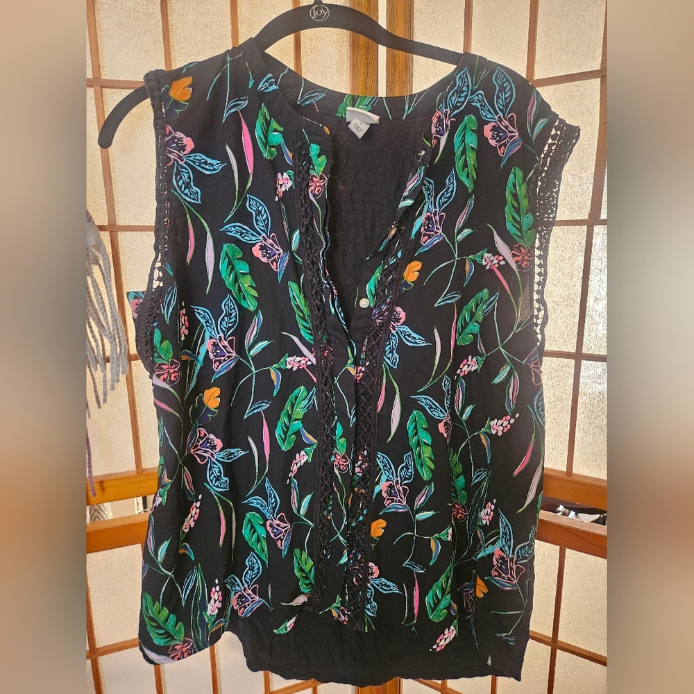 A New Day Black Boho Floral Sleeveless Button Down Blouse Size L